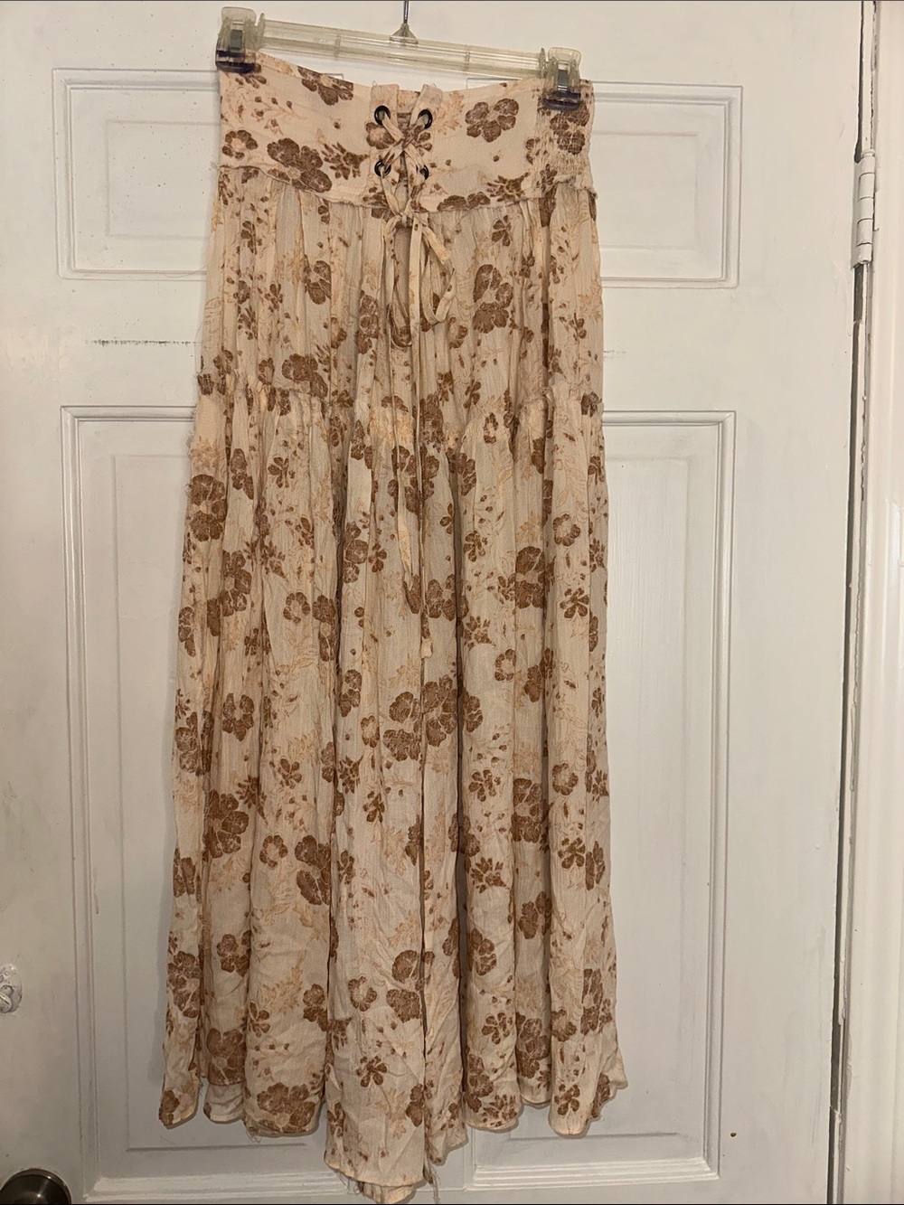 Bohemian Cream Floral Maxi Skirt with Lace-Up Waist